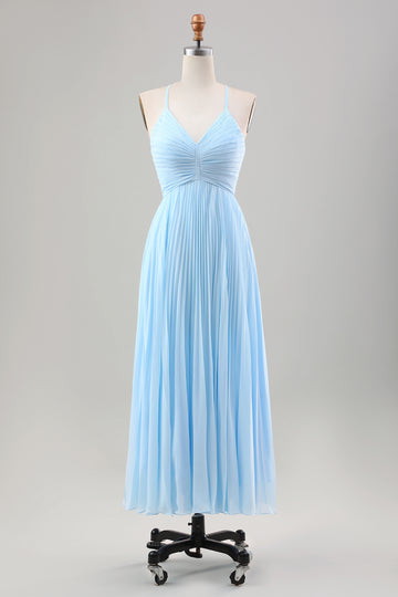 Sky Blue A Line Plissert Chiffon Bryllup Guest Dress